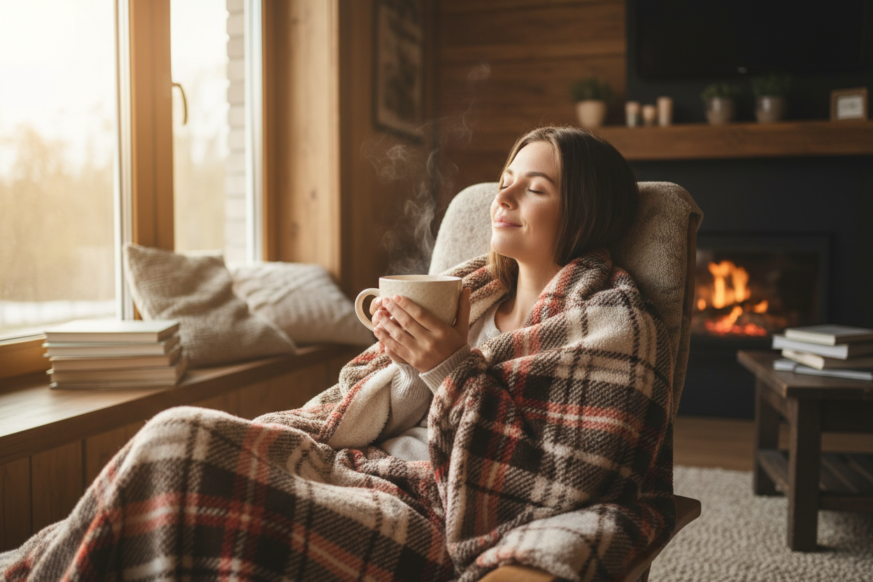 femme avec un plaid et une tasse a cafe en main